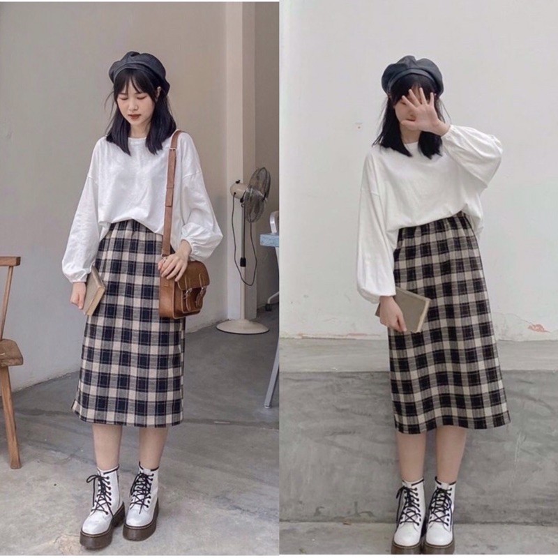 Chân váy dài chất dạ Quảng Châu Chân váy kẻ caro dáng suông vintage phong cách Hàn Quốc | WebRaoVat - webraovat.net.vn