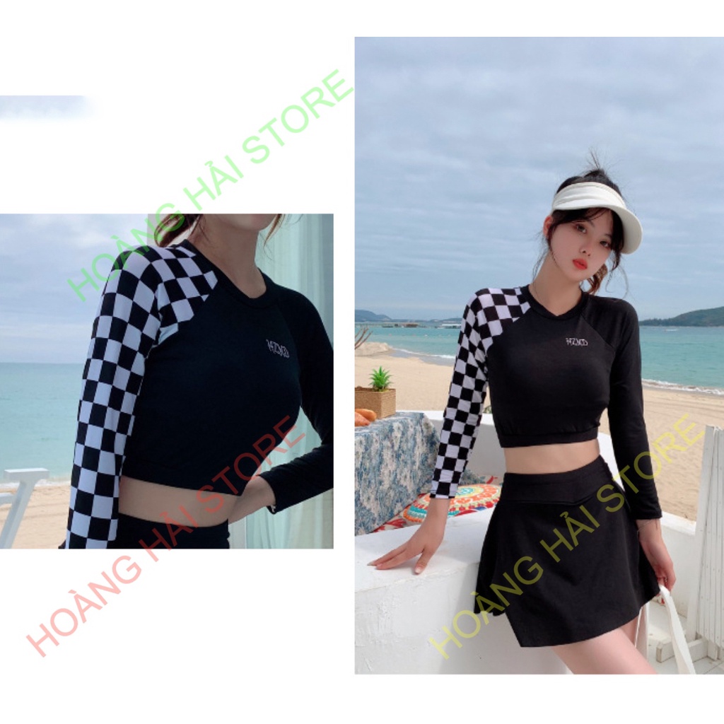 Bộ đồ bơi bikini kín đáo nữ hai mảnh đi tắm biển áo dài tay kèm váy - B34