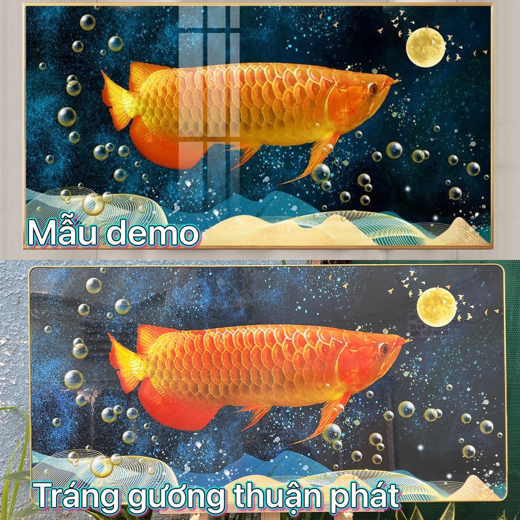 Tranh treo tường tài lộc hoa sen cá chép cửu ngư phong thủy 1 tấm lẻ ngang tranh Tráng Gương Thuận Phát