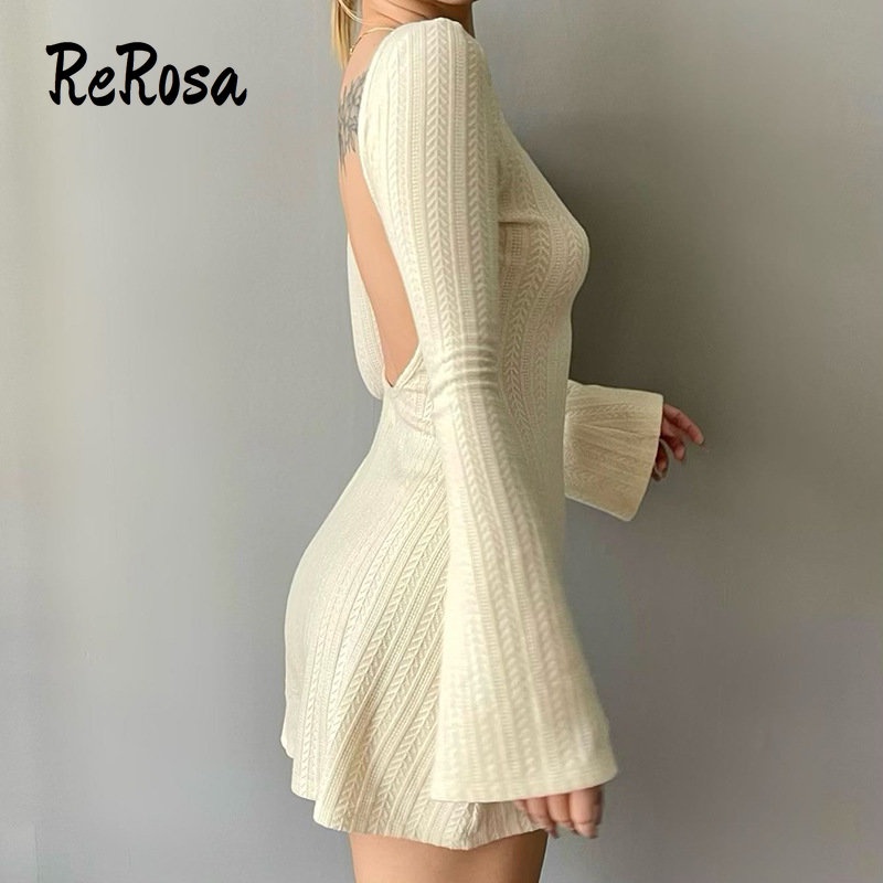 Rerosa Đầm Ôm Dài Tay Hở Lưng Màu Trơn Thời Trang Cho Nữ