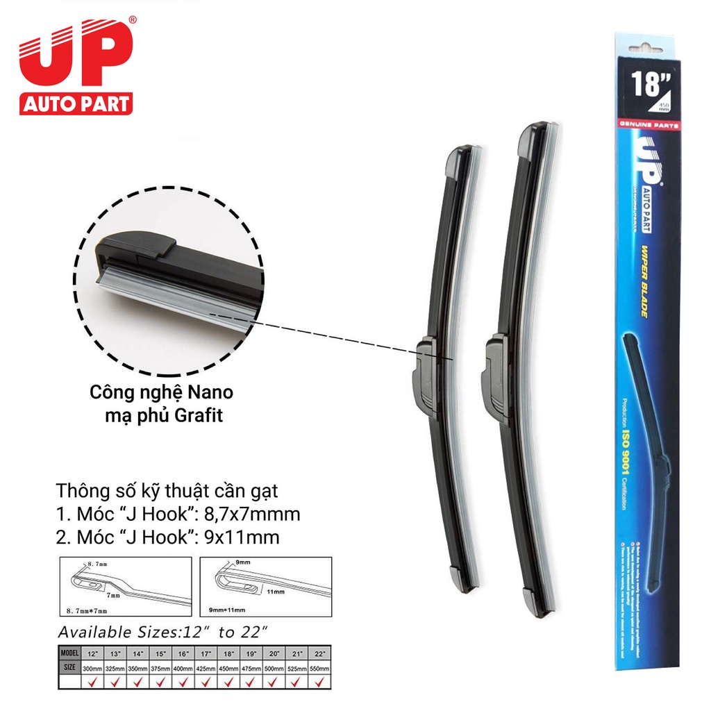 Gạt mưa Silicone UP gọng mềm nhiều SIZE cho các dòng xe phổ biến tại Việt Nam