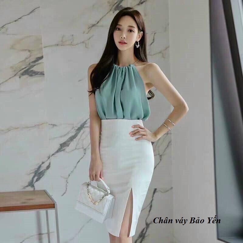 Chân váy bút chì trắng xẻ đùi 2 lớp tới gối( sẵn size)-M78