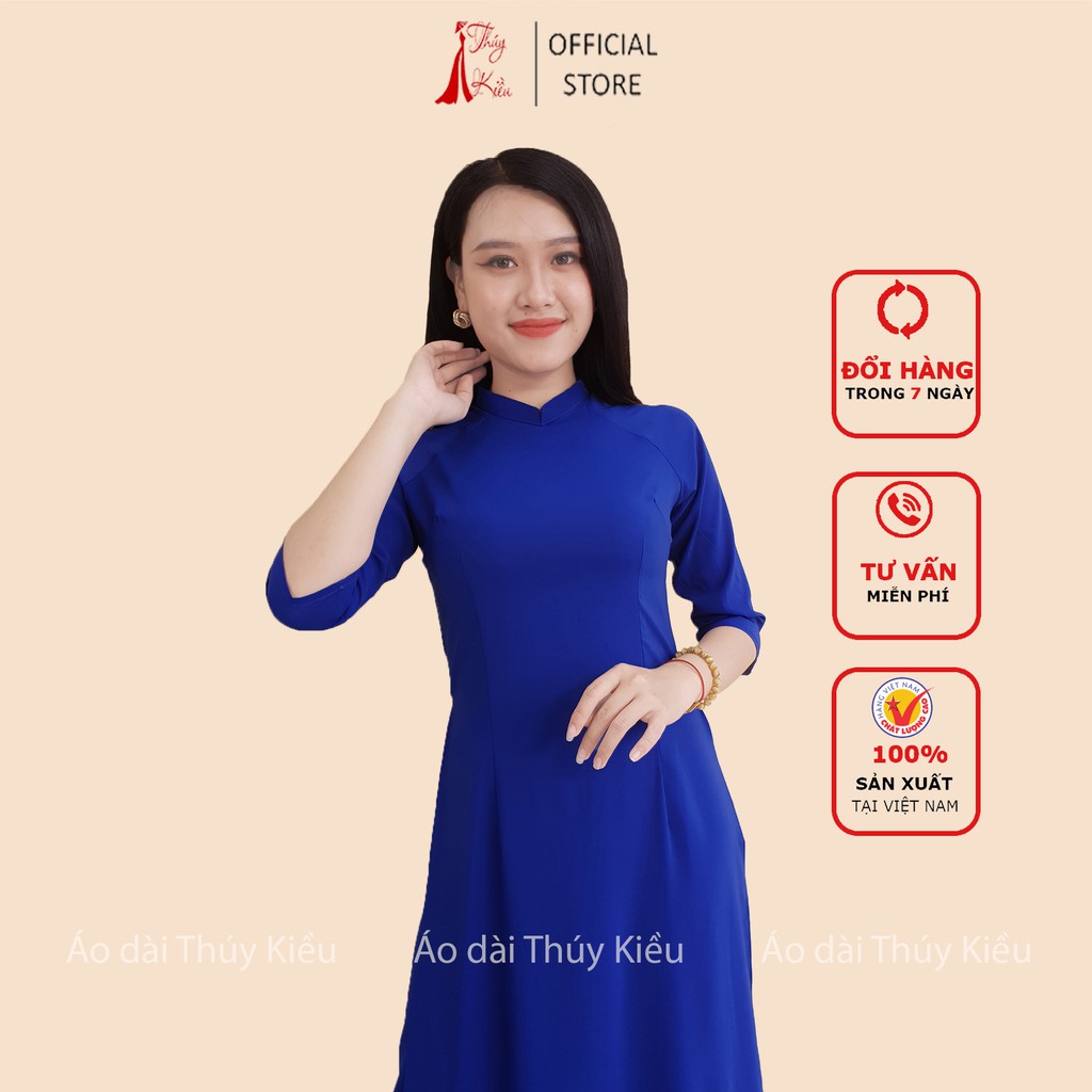 Áo dài trơn lụa Nhật cổ 2 phân màu xanh coban AK16