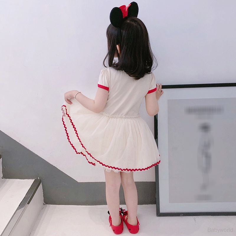 Đầm Công Chúa Tay Ngắn Cổ Tròn Phối Lưới In Họa Tiết Chuột Mickey Hoạt Hình Cho Bé Gái