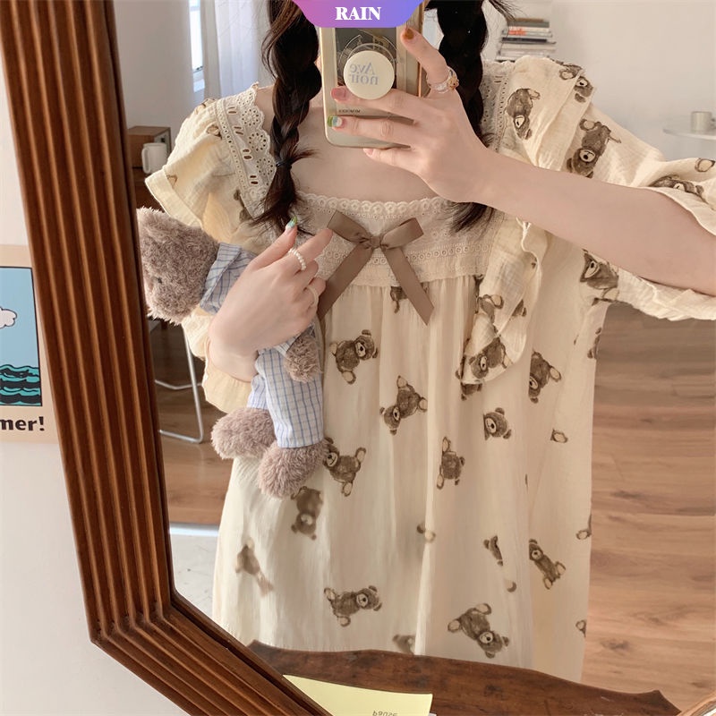 Đầm Ngủ Viền Bèo Tay Lửng Dáng Rộng In Họa Tiết Gấu Hoạt Hình Dễ Thương Thời Trang Mùa Hè Cho Nữ