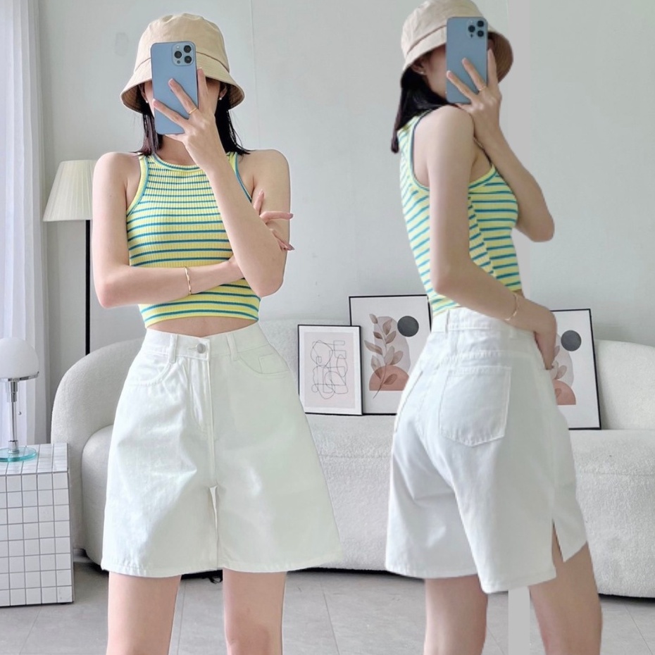 Quần short kaki nữ lưng cao, xẻ tà xinh xắn màu trắng đen