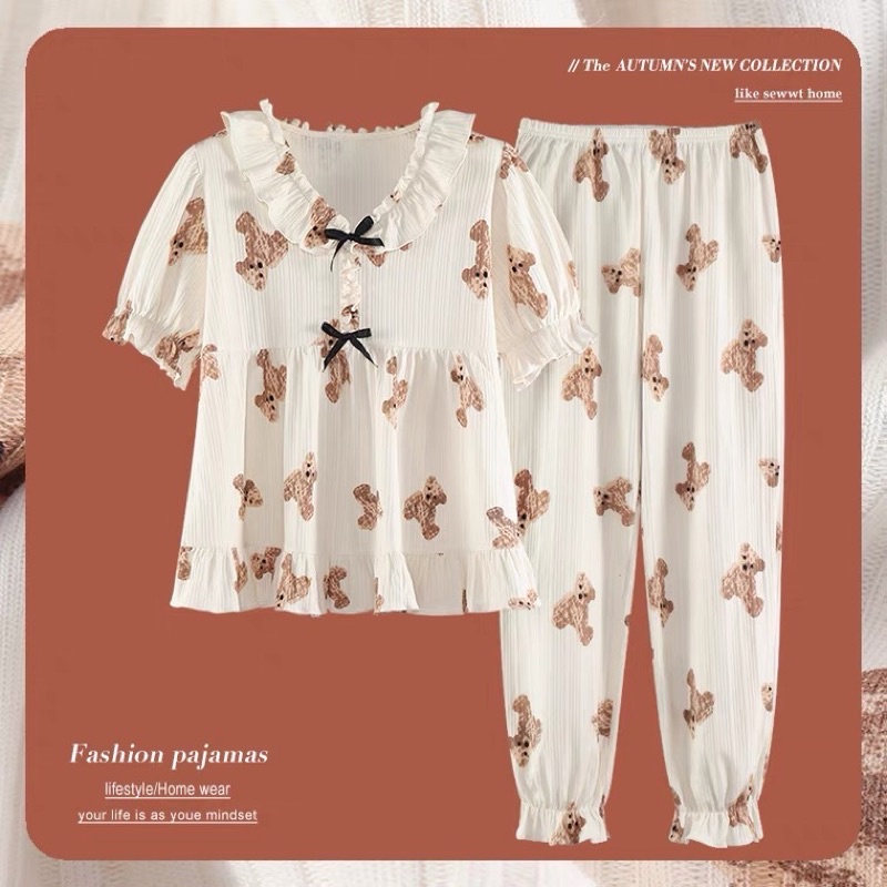 Bô Đồ Ngủ Pyjama Bèo Nơ Tay Ngắn Quần Dài Cotton Mùa Hè