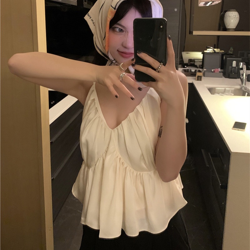 Áo Hai Dây Cổ Chữ V Xếp Ly Quyến Rũ Thời Trang Hè Cho Nữ