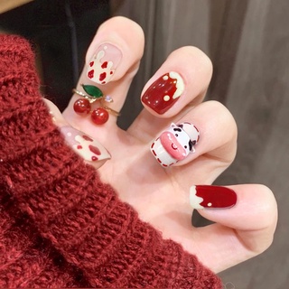Bộ 24 móng tay giả kiểu ngắn màu đỏ họa tiết bò sữa đáng yêu hợp thời trang cho nữ