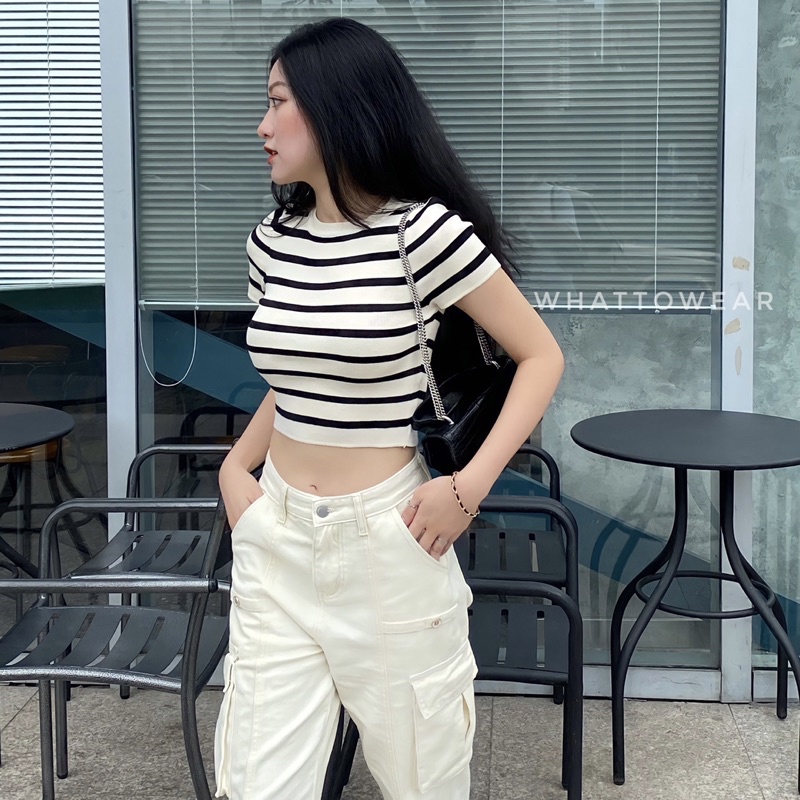 Áo Knit kẻ ngang form Croptop