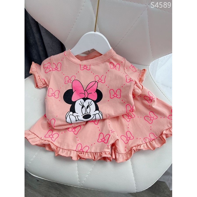 Bộ cộc tay Mickey nơ hồng chất Cotton cực đẹp cho bé gái