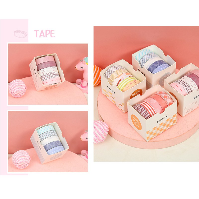 Set 5 cuộn băng dính washi màu macaron trơn trang trí thủ công 12 kiểu tùy chọn