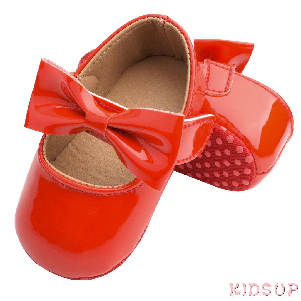 Giày công chúa có quai dán đính nơ thiết kế chống trượt màu trơn xinh xắn cho bé gái