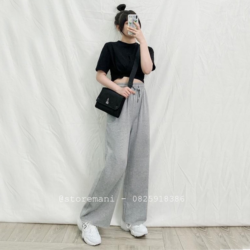 Quần ống rộng thể thao nam nữ chất nỉ da cá có dây rút quần Culottes nữ suông dài kiểu dáng basic màu đen xám mặc ở nhà