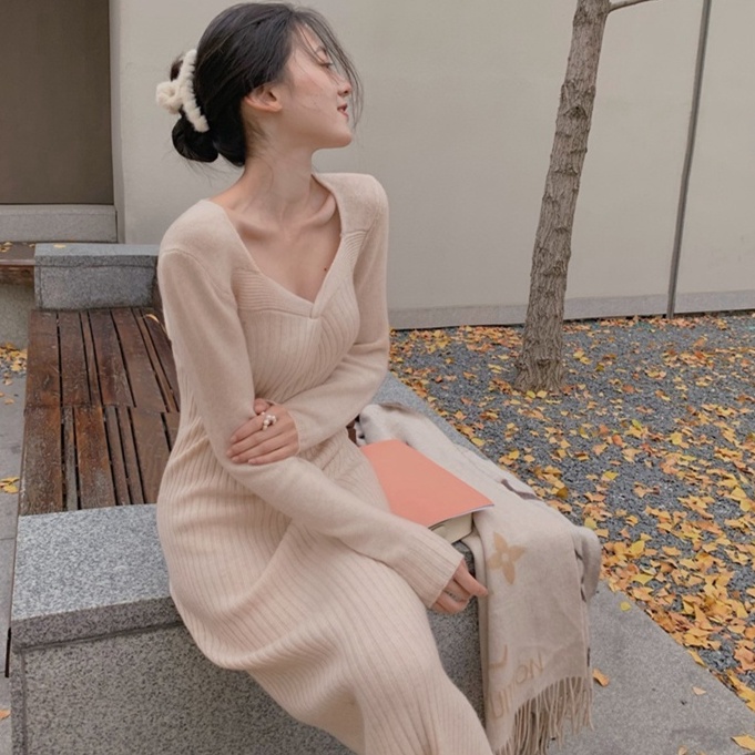 Đầm midi dệt kim SUXI tay dài cổ chữ V dáng ôm màu trơn thời trang mùa thu cho nữ