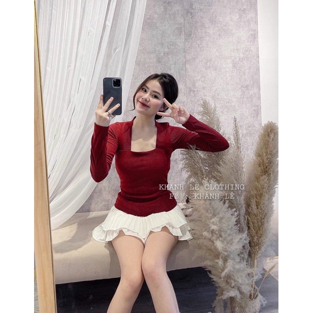 Áo thun Poco cổ vuông dài tay ôm dáng, Áo kiểu cổ U form ôm co giãn PC03 - Nhinhi Shop