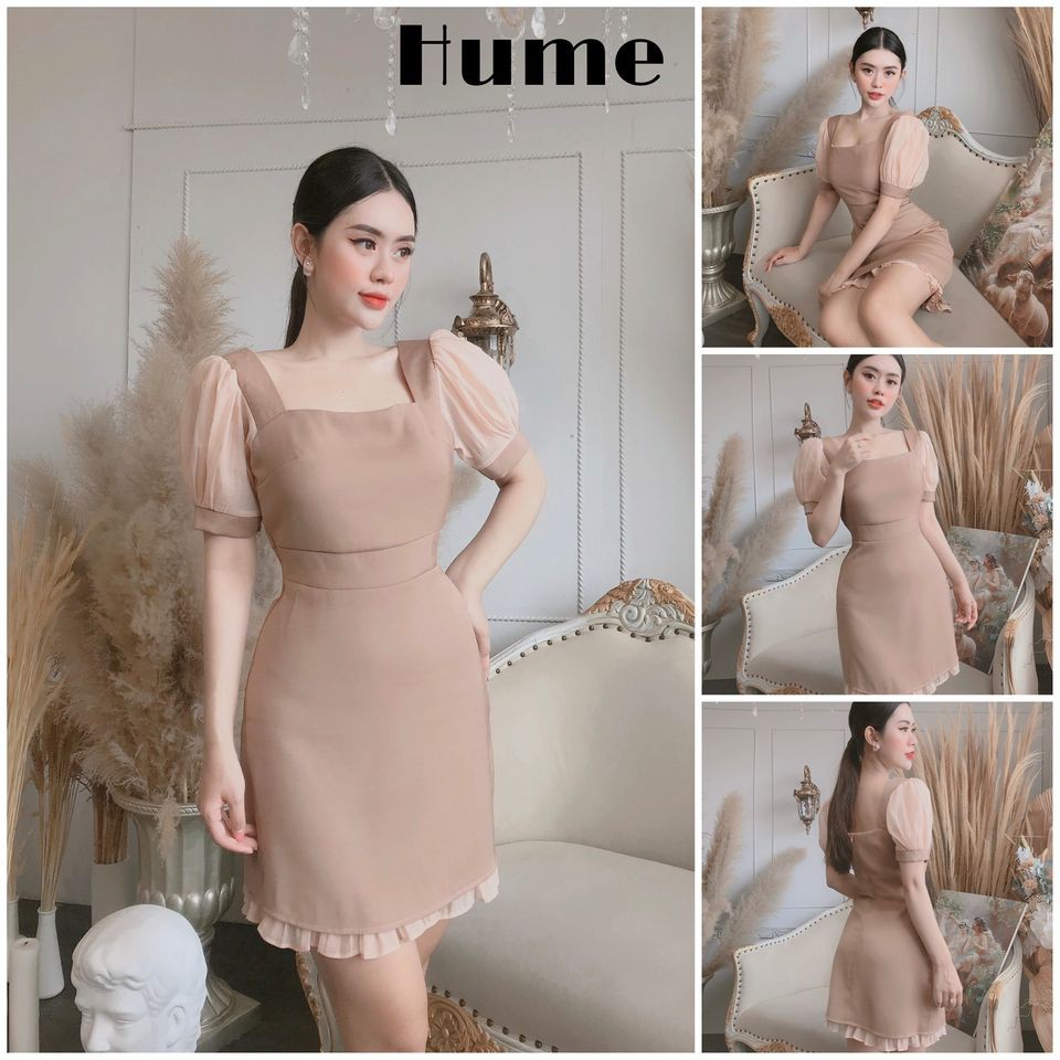 Đầm Váy Sang Trọng Dáng Chữ A Màu Nude Tay Phồng Hume