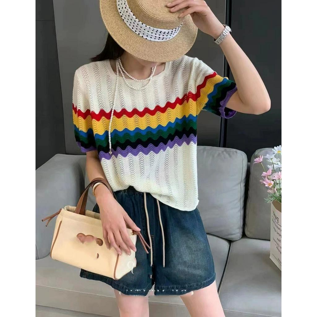 ZHELIHANGFEI Áo Dệt Kim Mỏng Tay Ngắn Dáng Rộng Họa Tiết Gợn Sóng Nhiều Màu Sắc Thời Trang Mùa Hè Cho Nữ