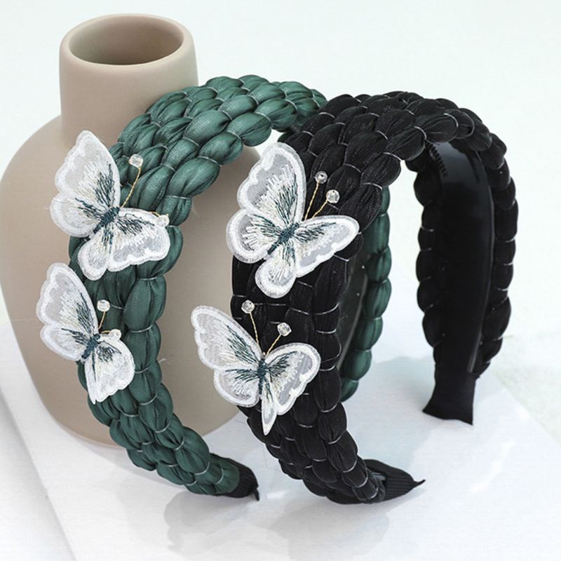 Băng Đô Cài Tóc Bện Bằng Nhựa Màu Trơn Thêu Hình Bướm 3D Thủ Công Ngọt Ngào Chống Trượt Cho Nữ
