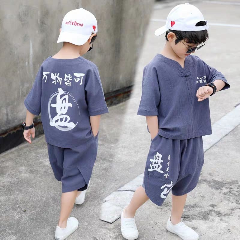 quần thun bé trai✔✧✢Bộ quần áo trẻ em nam thun ngắn tay, đồ mùa hè bé trai, nam, Hàn Quốc, cotton và lanh cho tr