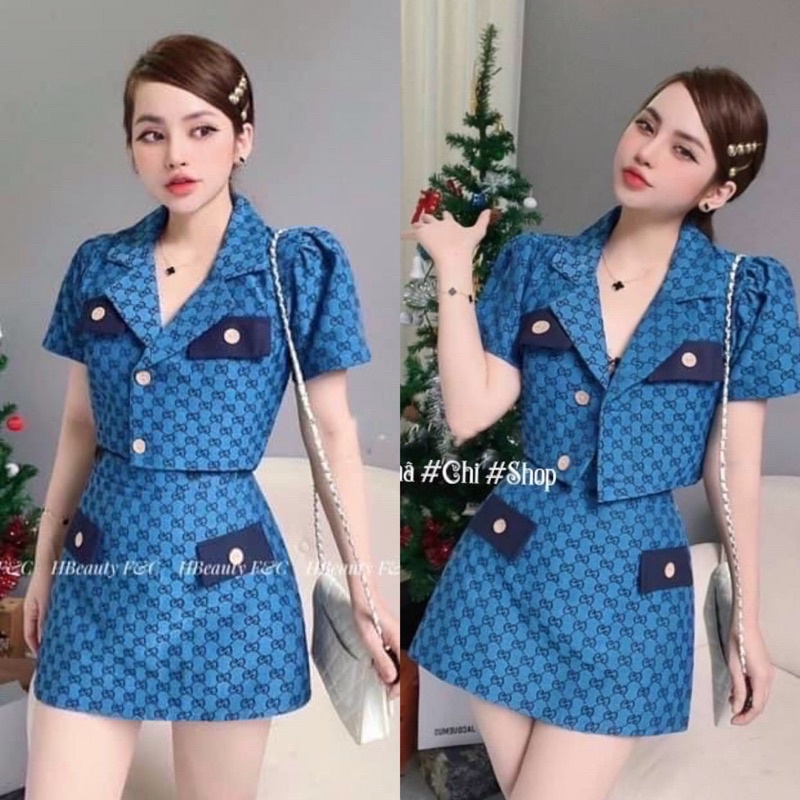 Set bộ gucci 2 món áo vest croptop kèm chân váy kaki ngắn xanh dương/lá hồng nâu - thời trang đi chơi dự tiệc sang trọng