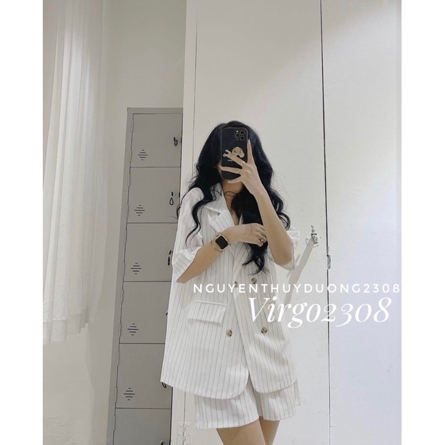 [Ảnh thật/Sẵn]Set vest kẻ sọc 4 cúc ngắn tay/Set blazer kẻ sọc ngắn tay