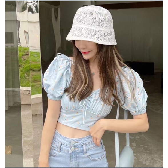Áo croptop tay phồng cổ chữ V in họa tiết hoa kiểu Hàn Quốc thời trang mùa hè tùy chọn màu sắc cho nữ