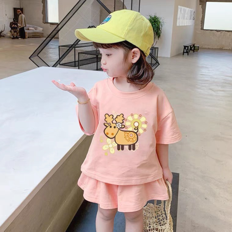 Bộ Quần Áo Trẻ Em Cộc Tay In Hình Cừu Hoa Vải Cotton Siêu Đáng Yêu Dễ Thương Cho Bé Gái Từ 7-19kg Mã CT51