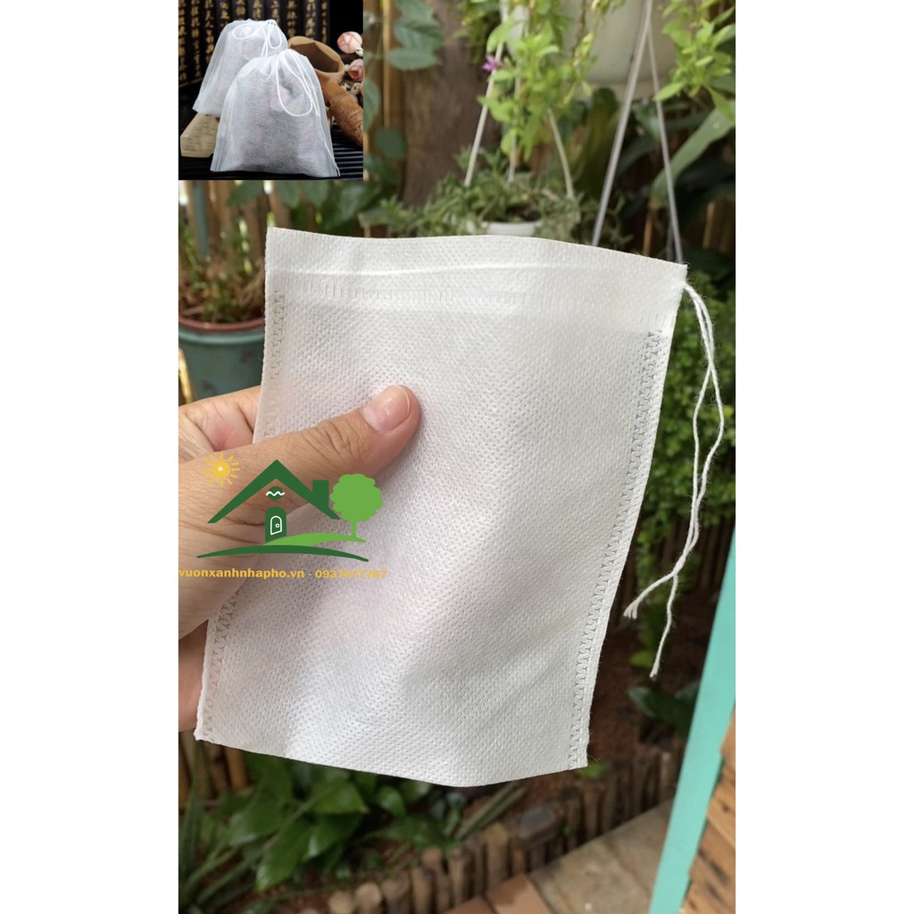 100 Túi lọc trà vải không dệt có dây- size 12x14 đựng hoa khô, phân tan châm, phân gà dơi trồng cây, đựng gia vị nấu lẩu