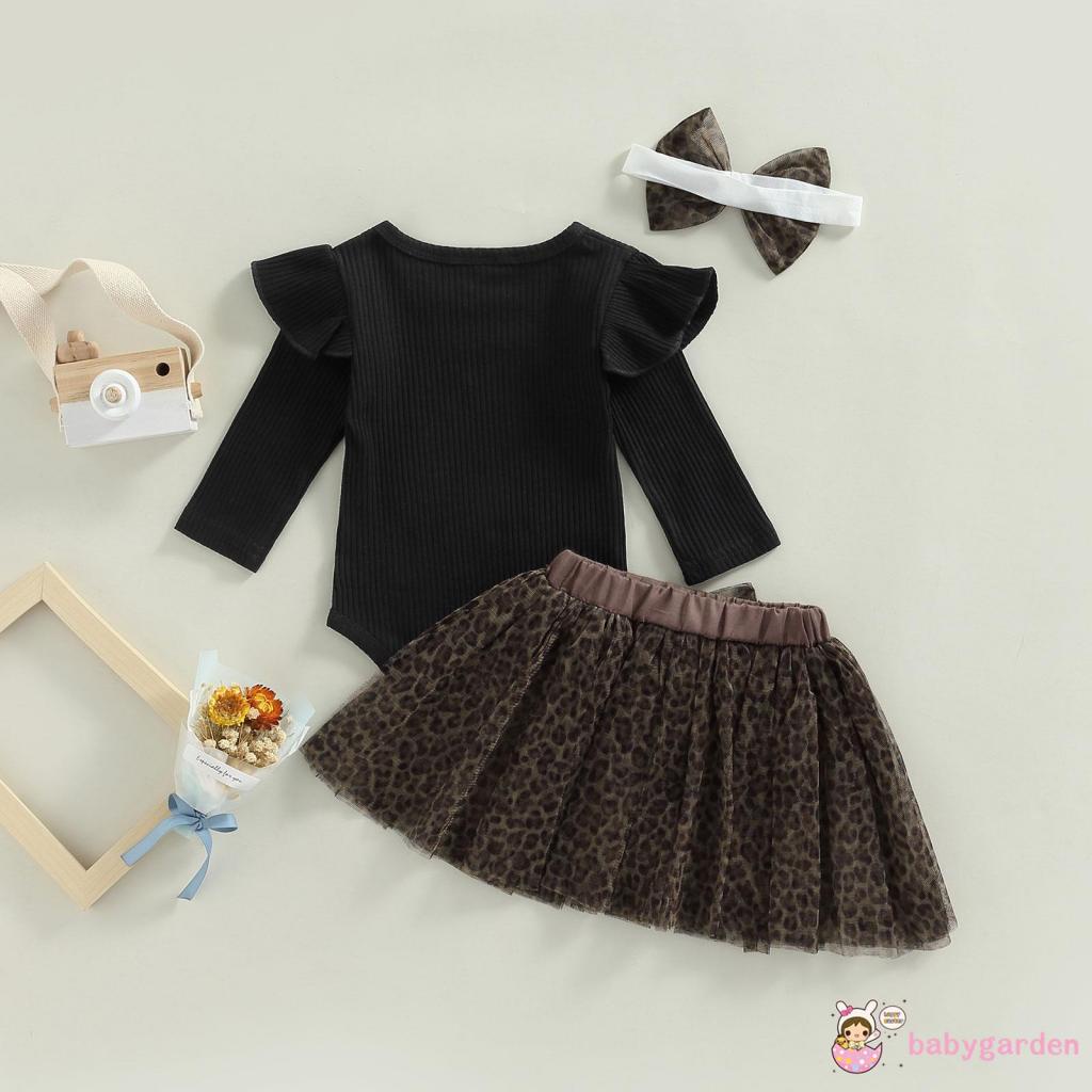 Set Đồ 3 Món Gồm Áo Liền Quần Tay Dài Dệt Kim Màu Trơn + Chân Váy Lưới + Băng Đô Họa Tiết Da Báo Dành Cho Bé Gái 0-18 Tháng Tuổi