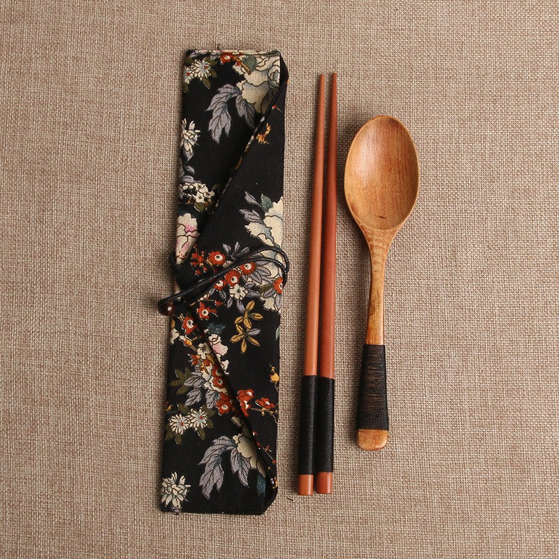 [XỊN] Bộ muỗng thìa đũa cá nhân bằng gỗ kèm túi vải kiểu Hàn Quốc