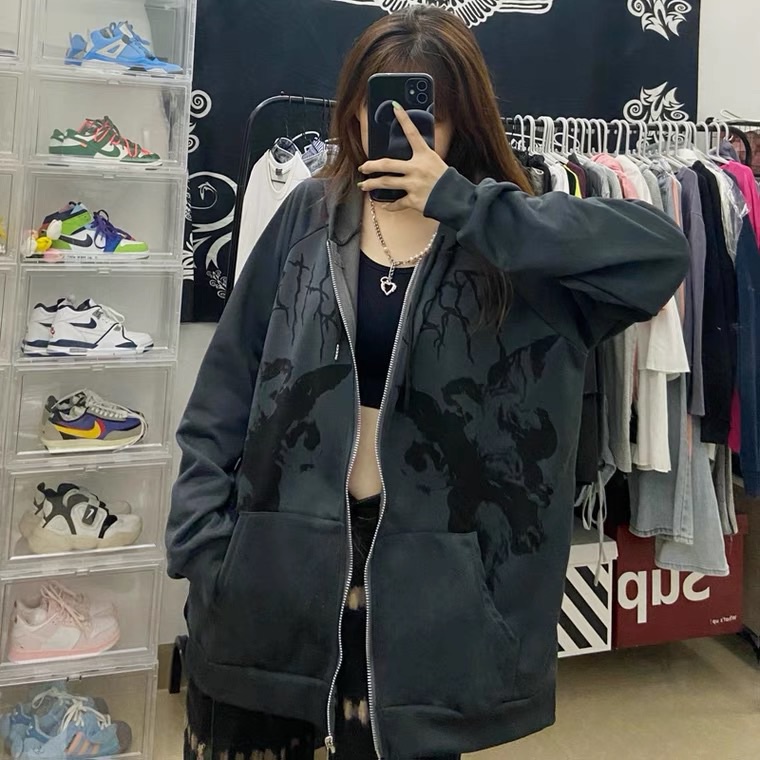 Tw Áo Khoác Tay Dài Dáng Rộng Có Dây Kéo Và Túi Phong Cách punk gothic Đường Phố Kích Thước Lớn Y2K Cho Nữ