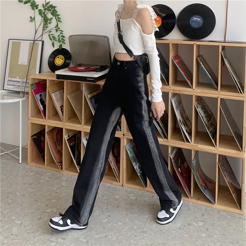 Quần Jeans Nữ Lưng Cao Ống Rộng Kẻ Sọc Trắng Đen Thời Trang