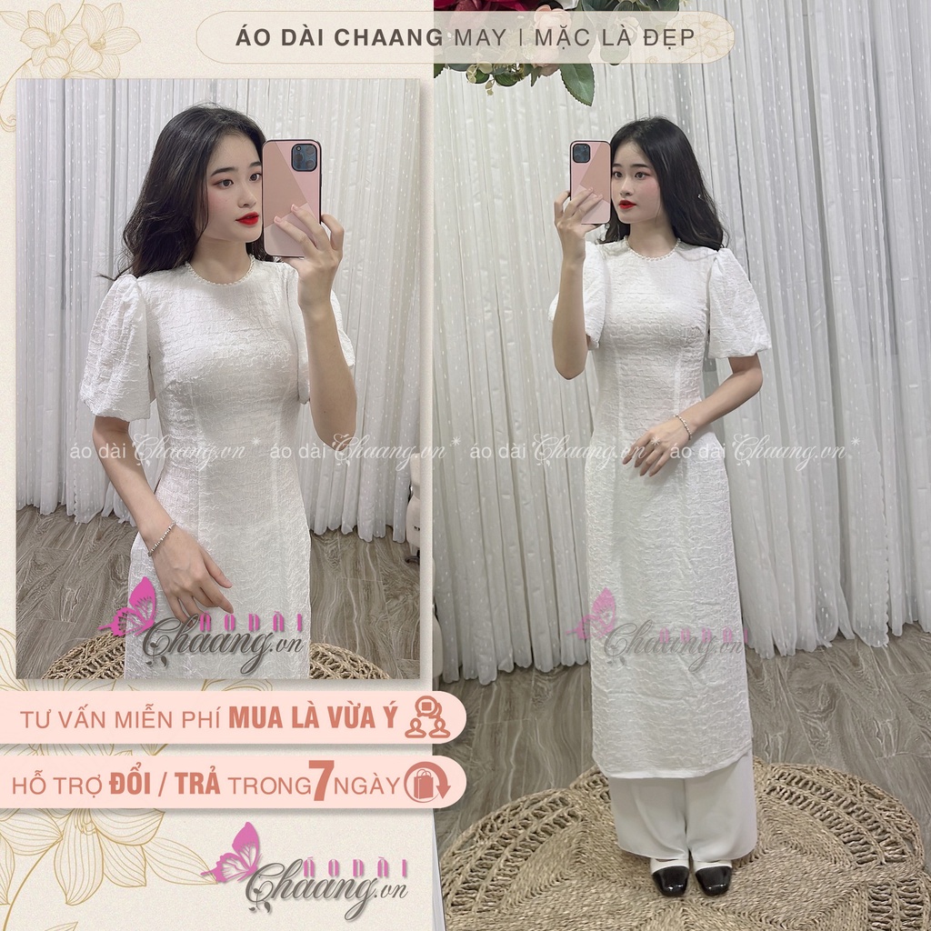Áo Dài Cách Tân Nữ Sương Mai Thiết Kế Tằm Xốp Tay Chuông Thun Bồng Mặc Dự Tiệc Lễ Tết Đẹp