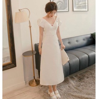 Đầm maxi trắng dáng dài cổ v đan dây ngực siêu hot
