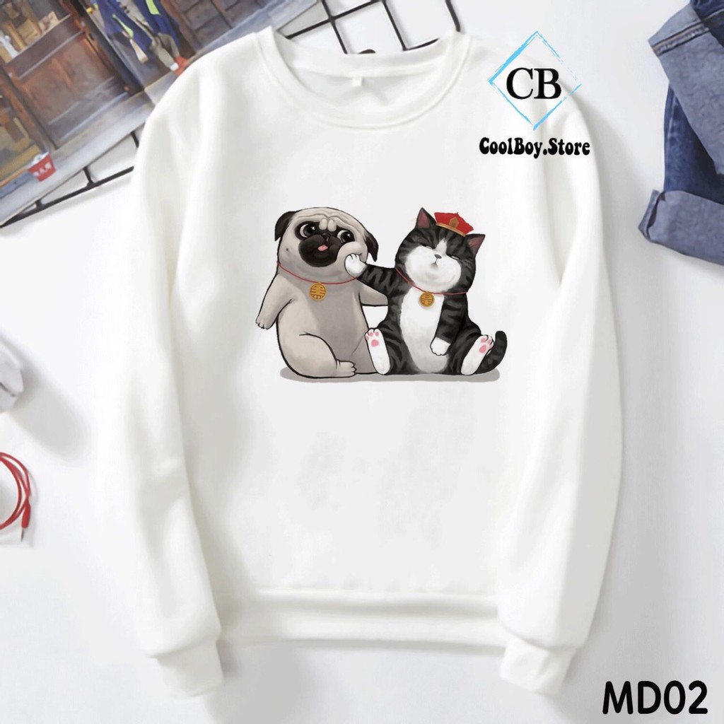 Áo nỉ sweater thu đông hoạt hình chó Pug cổ tròn form suông rộng unisex cho nam nữ , chất nỉ bông ấm