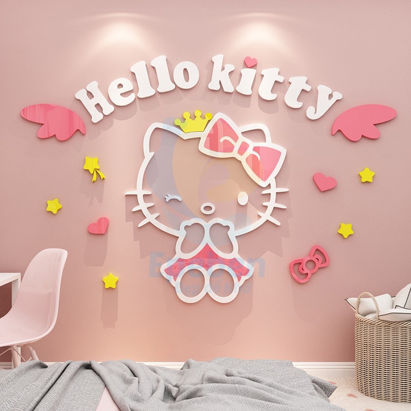 Tranh dán tường mica 3d decor khổ lớn hello kitty đôi cánh thiên thần trang trí mầm non phòng cho bé Nhiều Size - EPeBen