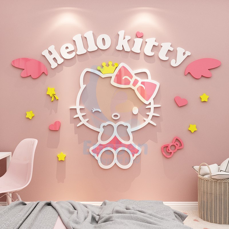 Tranh dán tường mica 3d decor khổ lớn hello kitty trang trí mầm non, mẫu giáo, phòng cho bé