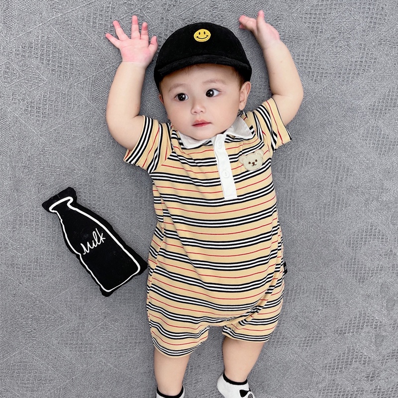 Bộ áo liền quần ngắn tay họa tiết kẻ sọc thời trang mùa hè cho bé trai