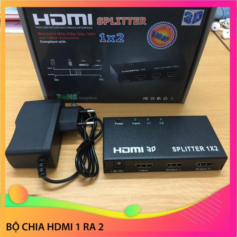 GSF Bộ chia HDMI 1 ra 2 Splitter Kết Nối Máy Tính, Đầu Ghi CAMERA Ra Hai Màn Hình Chiếu Cùng Lúc 95 G308