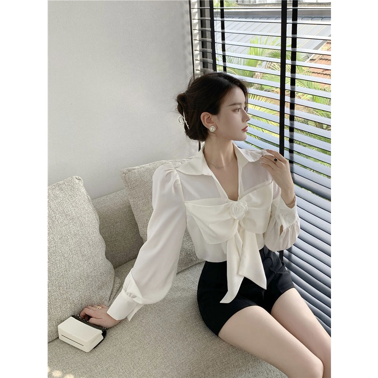 Áo Sơ Mi Trắng Dài Tay Thắt Nơ Phong Cách Pháp Mới