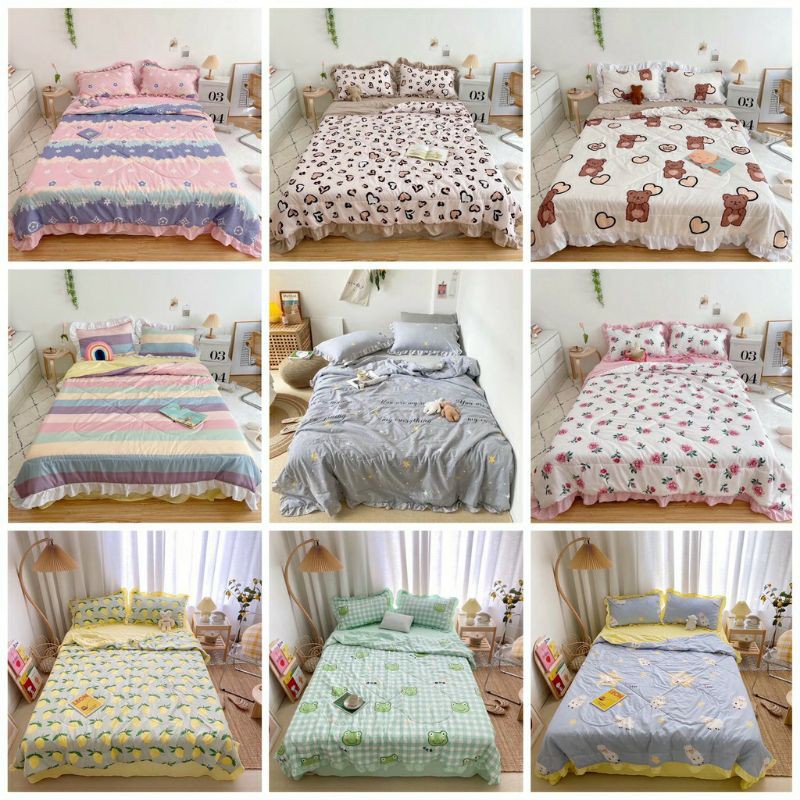 Bộ Chăn Ga Gối Cotton Đũi Bèo Chăn Chần Hè Cao Cấp Mẫu Mới 2021