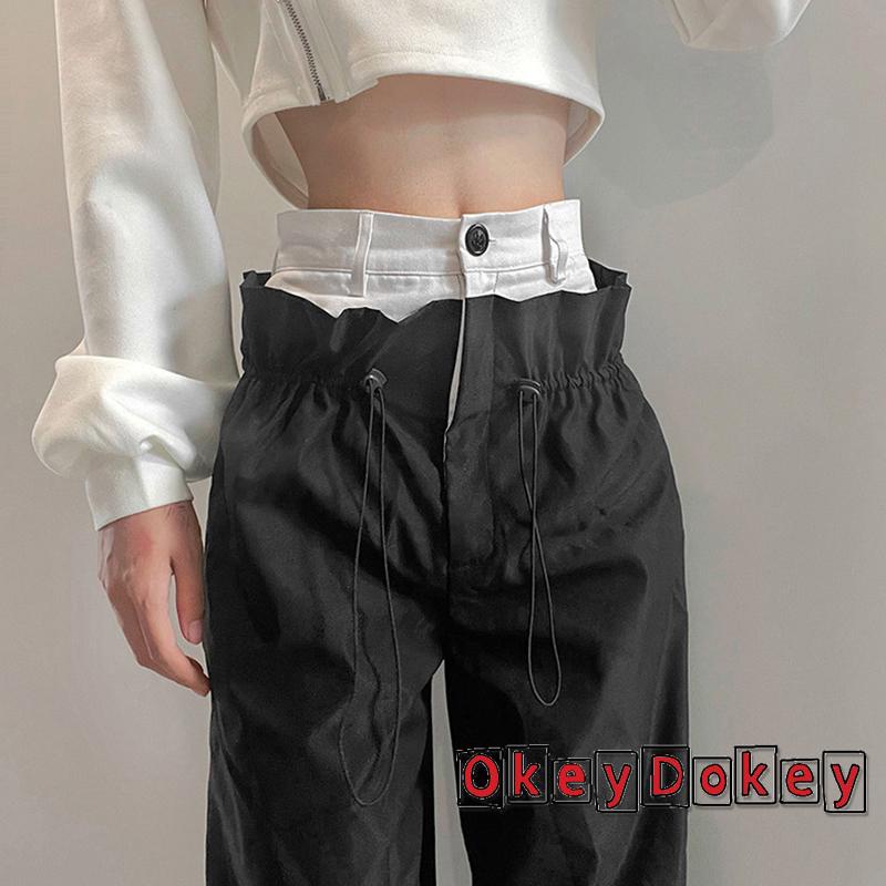 OKDK-Women´s Fashion Wide Leg Pants Black High Waist Drawstring Streetwear Straight Leg Pants