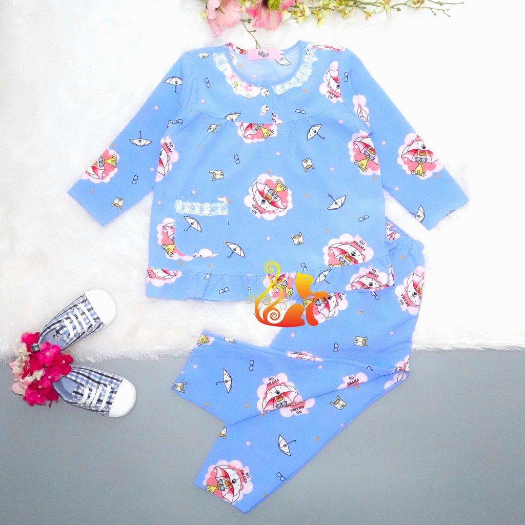 Đồ Bộ Pijama Satin Lụa Hàn &quot;Chó dù&quot; Cổ Ren Quần Dài Cho Bé - Từ 12kg - 42kg.