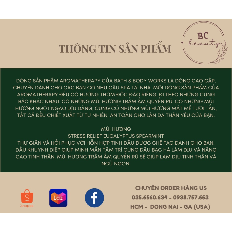 Trọn Bộ Bath And Body Works Stress Relief | Giảm Căng Thẳng, Thư Giãn Toàn Thân Từ Tinh Chất Bạch Đàn Và Bạc Hà