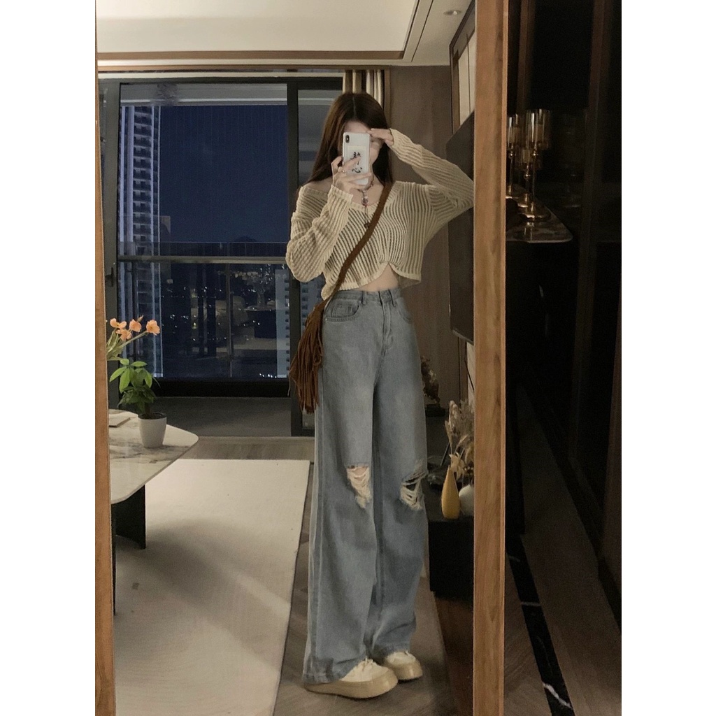 Quần jeans Dài Ống Rộng Thời Trang Hàn Quốc Cho Nữ