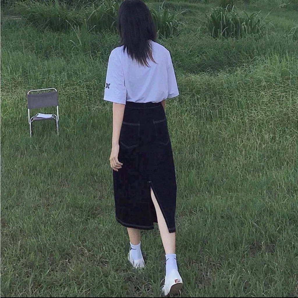 Chân Váy Jean Chỉ Nổi Nữ [FREESHIP]  Đầm mini dáng suông, jeans bò cạp cao xẻ sau lưng đẹp cá tính Ulzzang