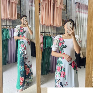Áo dài lụa trắng in họa tiết hoa nhí lá nhí tím - Áo tay bồng tay phồng In hoa mẫu đơn