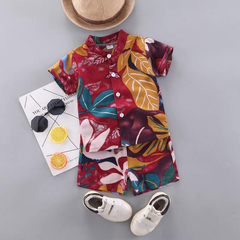 Mới Set Áo Sơ Mi Tay Ngắn + Quần Short Lưng Thun In Họa Tiết Lá Cây Thời Trang Mùa Hè Cho Bé Trai / Gái