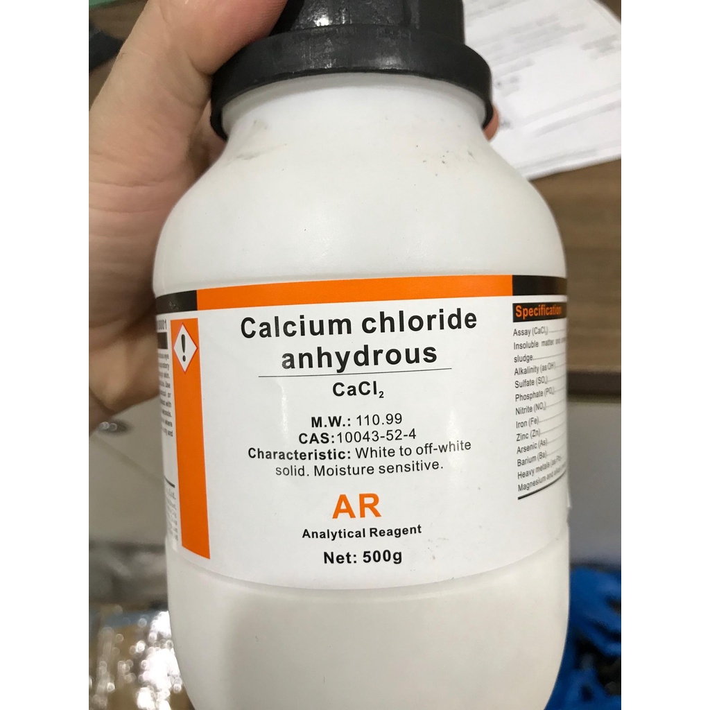 Hóa chất CaCl2 canxi clorua 500g calcium chloride khan tinh khiết CAS 10043-52-4  chai 500g